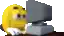 a yellow smiley face is sitting at a desk in front of a computer .