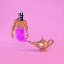 a lamp with rub me written on it next to a naked figure