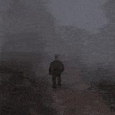 a man is walking through a foggy forest with trees in the background .