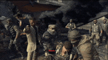 a group of soldiers are standing around a man in a video game and the man is named amanda