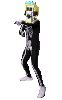 a person in a skeleton costume with a yellow crown on their head