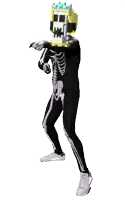 a person in a skeleton costume with a yellow crown on their head