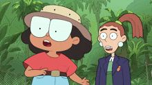 two cartoon characters are standing next to each other with one wearing braces
