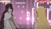 two anime girls are standing next to each other in front of a pink background