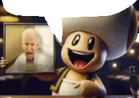 a toad is holding a picture of a man with a speech bubble above it