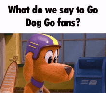 a cartoon dog wearing a helmet says what do we say to go dog go fans ?