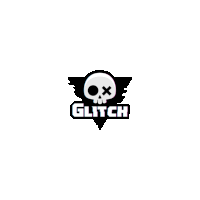 a logo for glitch with a skull and crossed eyes