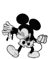a black and white cartoon of mickey mouse with his mouth wide open