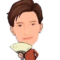 a cartoon drawing of a man holding a fan in front of his face
