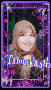 a woman in a hijab is surrounded by purple flowers and the words terimakasih