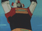 a cartoon character with a red and white costume is holding his fist up in the air
