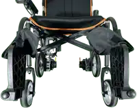 a black and orange wheelchair with a bag attached to the back
