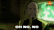 a cartoon character says oh no no in front of a green fire