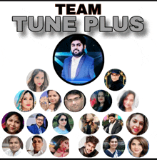 a group of people are gathered around a man in a circle with the words team tune plus above them