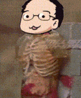 a cartoon drawing of a man with glasses holding a bottle of spaghetti