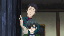 two anime characters are standing next to each other and one has an eye patch