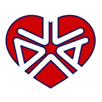 a red heart with white and blue triangles in the center