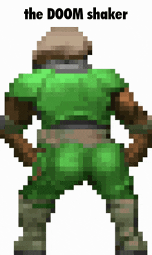 a pixel art of a doom character with the words the doom shaker below him