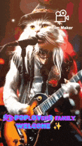a cat is singing into a microphone and playing a guitar