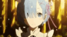 a close up of a girl with blue hair and a flower in her hair standing in a forest .
