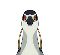 a cartoon of a bird with red eyes and a black beak