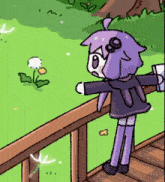 a cartoon girl with purple hair is standing on a deck