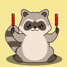 a cartoon raccoon is holding two red hot dogs in its paws