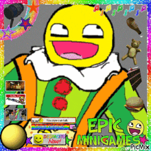 a picture of a clown with a smiley face and the words epic mini games on the bottom