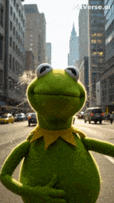 kermit the frog is standing on a city street with buildings in the background
