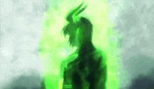 a silhouette of a demon with horns is standing in front of a green background .
