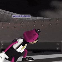 a cartoon character with a sign that says velvet petunia behind him