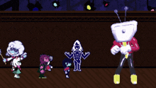 a group of cartoon characters are standing next to each other in a dark room
