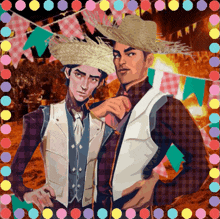 two men wearing straw hats are standing next to each other in a polka dot frame