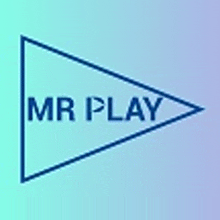 a blue triangle with the words `` mr play '' written inside of it on a blue and purple background .