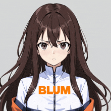 a girl with long brown hair is wearing a white jacket with the word blum on it