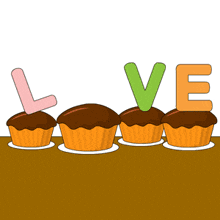 a row of cupcakes with the word love on top