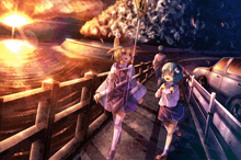 two anime girls walking across a bridge with a yellow sign that says ' walking ' on it