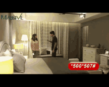 a man and a woman standing in a bedroom with massive written on the bottom