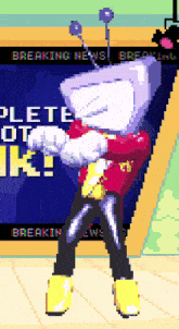 a pixel art of a person standing in front of a sign that says " breaking news "