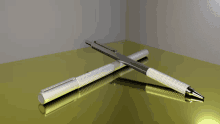 a silver pen is laying on top of another pen on a gold surface