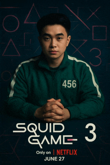 a poster for squid game 3 shows a man in a green uniform