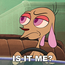 a cartoon character driving a car with the words is it me