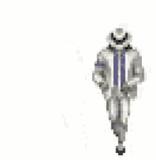 a pixel art of a man in a suit and hat dancing on a white background .