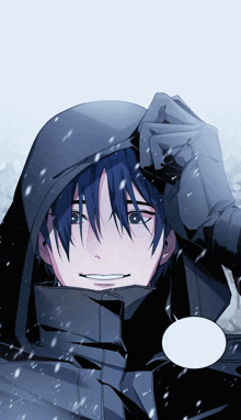 a man with blue hair is wearing a hood and gloves in the snow