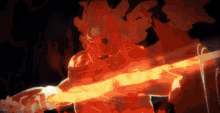 a cartoon character is holding a sword in a fire .