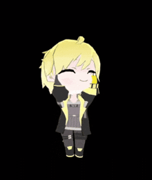 a cartoon character with yellow hair is wearing a black jacket and gloves