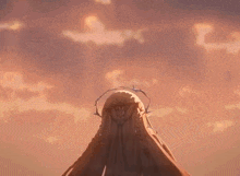 a girl with long blonde hair and a halo on her head is standing in front of a sunset .