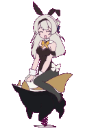 a drawing of a girl in a bunny costume sitting on a rocking horse