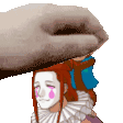 a hand is holding a clown 's head in a pixel art image .