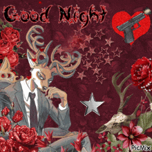 a picture of a deer in a suit and tie with the words good night written above it